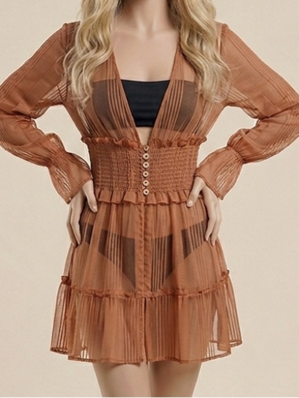 Sheer Button-Detail Mesh Beach Cover up